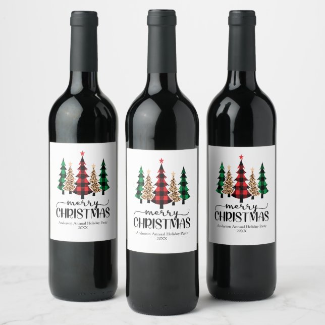 Merry Christmas Red Green Black Plaid Trees Card Wine Label (Bottles)