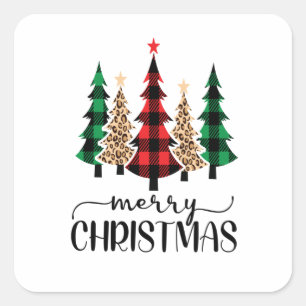 Merry Christmas Red Green Black Plaid Trees  Square Sticker