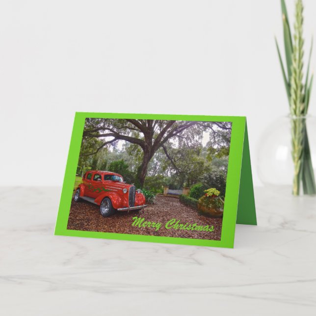 Merry Christmas Red & Green Classic Car Bok Garden Holiday Card (Front)