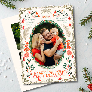 Merry Christmas Red Green Coquette 3 Photo Holiday Card