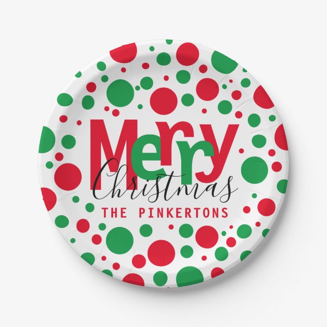 Merry Christmas Red Green Dots Typography Monogram Paper Plate (Front)