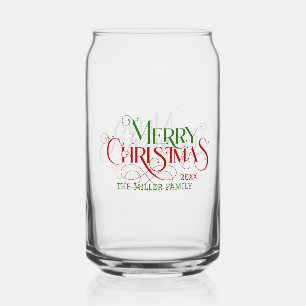 Merry Christmas red green elegant retro typography Can Glass