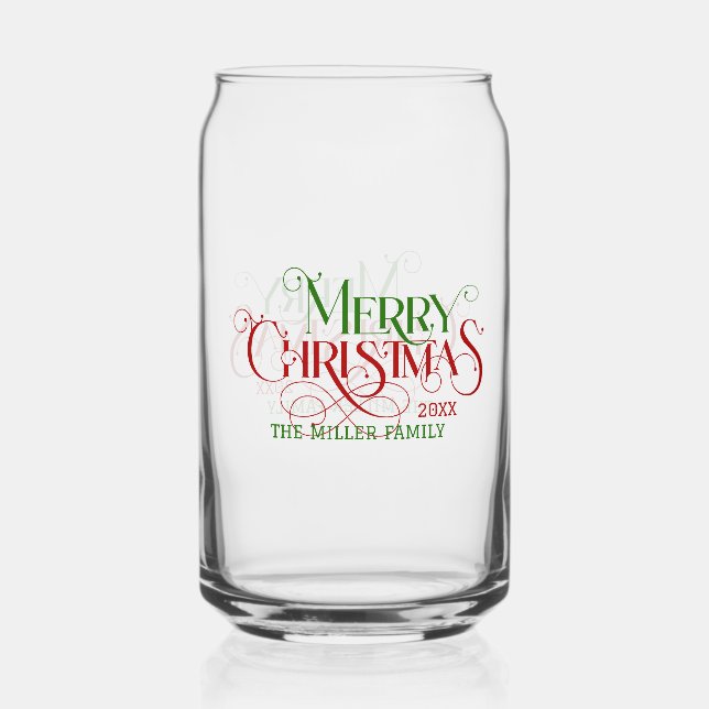 Merry Christmas red green elegant retro typography Can Glass (Front)