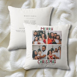 Merry Christmas Red Green Family 4 Photo Modern Cushion