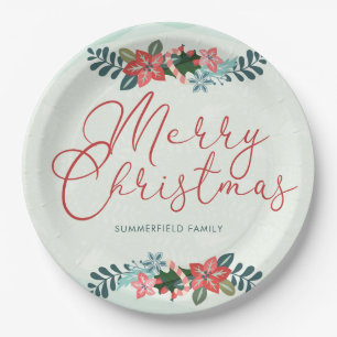 Merry Christmas Red Green Family Name Custom Paper Plate