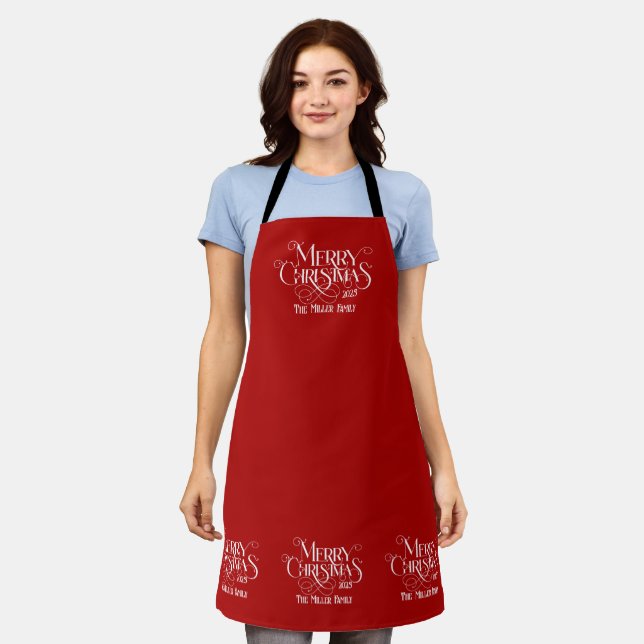 Merry Christmas Red Green Festive Retro Typography Apron (Worn)