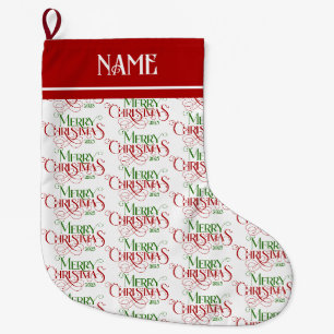 Merry Christmas Red Green Festive Retro Typography Large Christmas Stocking