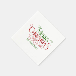 Merry Christmas Red Green Festive Retro Typography Napkin