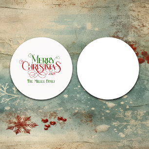 Merry Christmas Red Green Festive Retro Typography Round Paper Coaster