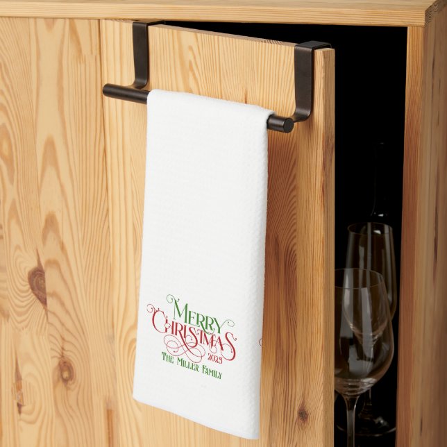 Merry Christmas Red Green Festive Retro Typography Tea Towel (Thirds Fold)