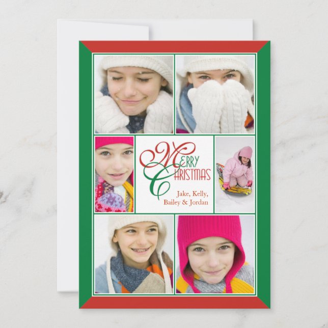 Merry Christmas Red & Green Frame Collage Greeting Holiday Card (Front)
