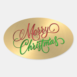 Merry Christmas Red Green Gold Embossed Look Oval Sticker