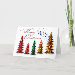 Merry Christmas Red Green Gold Trees Holiday Card
