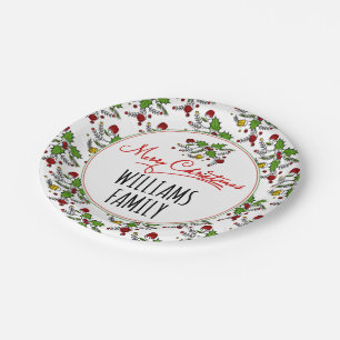 Merry Christmas red green holly berry holidays Paper Plate