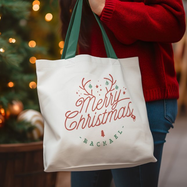 Merry Christmas Red Green Personalised Reindeer Tote Bag (Merry Christmas Red Green Personalized Reindeer Tote Bag)