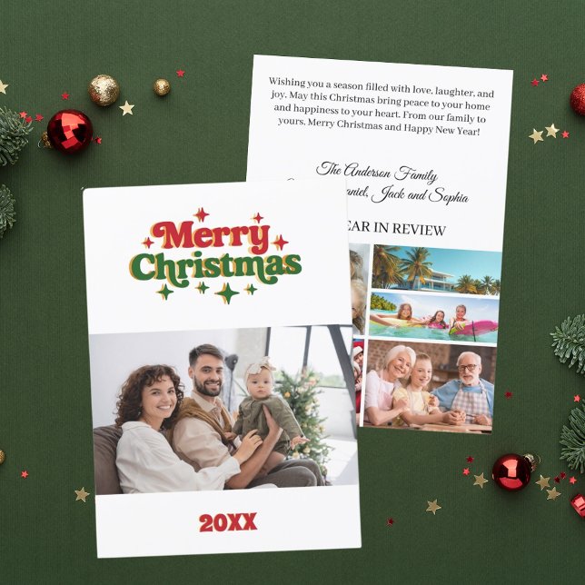 Merry Christmas red green photo year in review Holiday Card (Creator Uploaded)