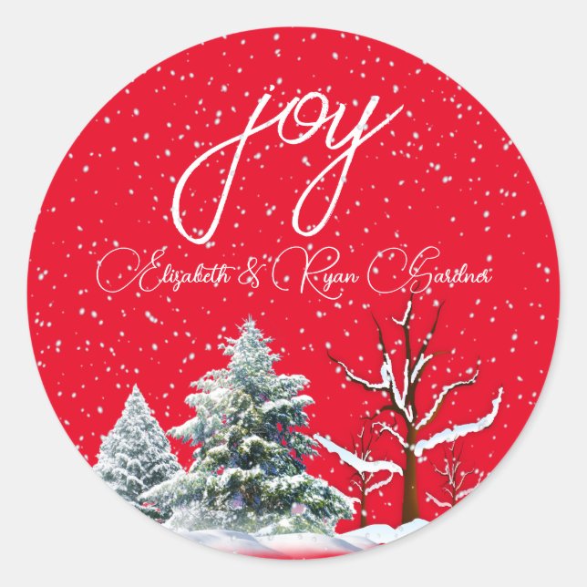 Merry Christmas Red Green Pine Trees Snowflakes    Classic Round Sticker (Front)