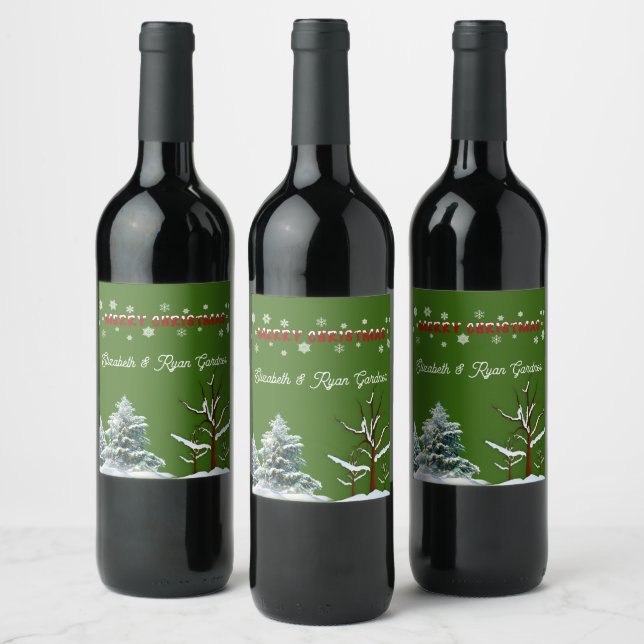 Merry Christmas Red Green Pine Trees Snowflakes   Wine Label (Bottles)