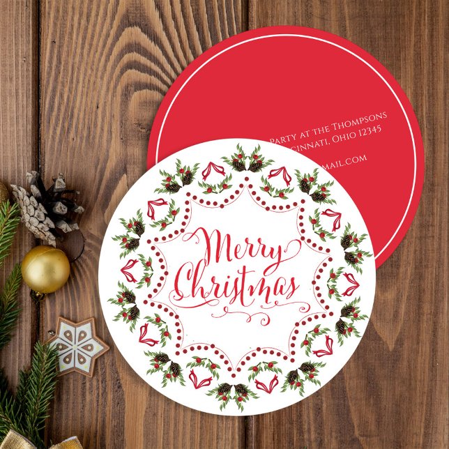 Merry Christmas Red Green Pinecone Wreath Circle Invitation (Merry Christmas holiday party invitation with whimsical calligraphy script. )