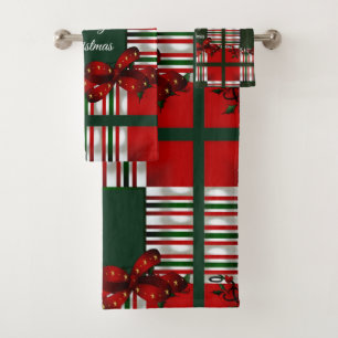 Merry Christmas Red Green Plaid Bath Towel Set