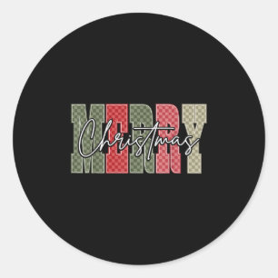 Merry Christmas Red Green Plaid Checkered Xmas Gir Classic Round Sticker