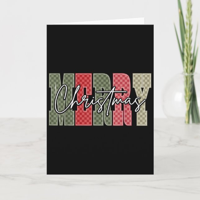 Merry Christmas Red Green Plaid Chequered Xmas Gir Card (Front)