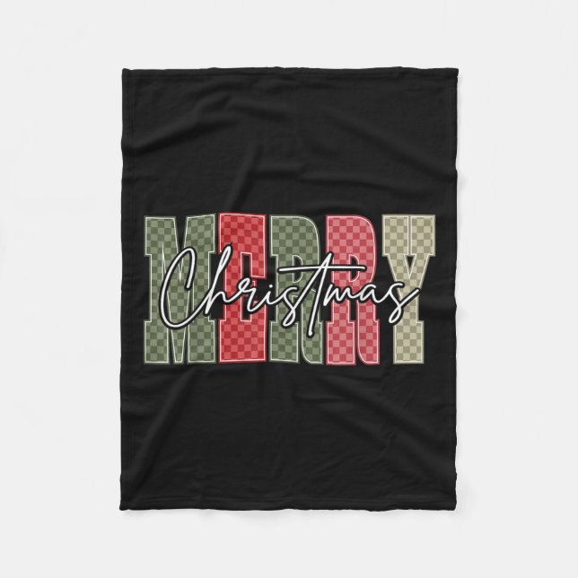 Merry Christmas Red Green Plaid Chequered Xmas Gir Fleece Blanket (Front)