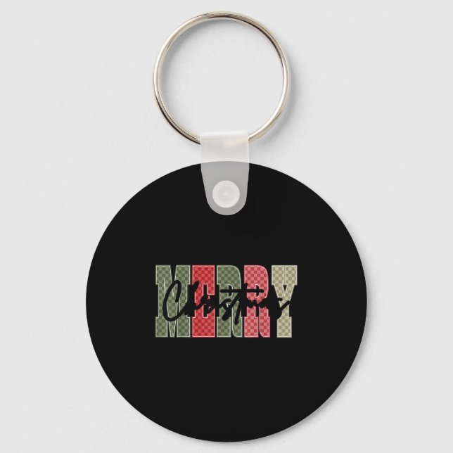 Merry Christmas Red Green Plaid Chequered Xmas Gir Key Ring (Front)