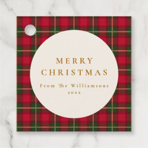 Merry Christmas Red Green Plaid Family Name Favour Tags