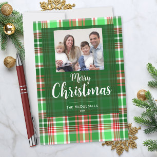 Merry Christmas Red Green Plaid Family Photo Holiday Card