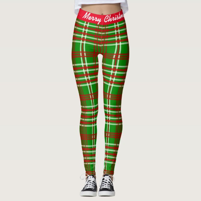 Merry Christmas Red & Green Plaid Leggings (Front)
