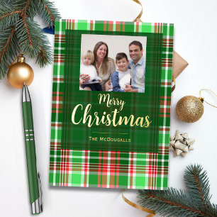 Merry Christmas Red Green Plaid Photo Gold Foil Holiday Card