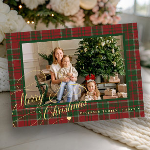 Merry Christmas red green plaid tartan 1 photo Holiday Card