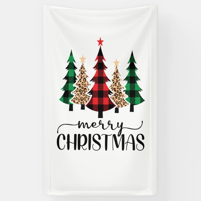 Merry Christmas Red Green Plaid Trees Banner (Vertical)