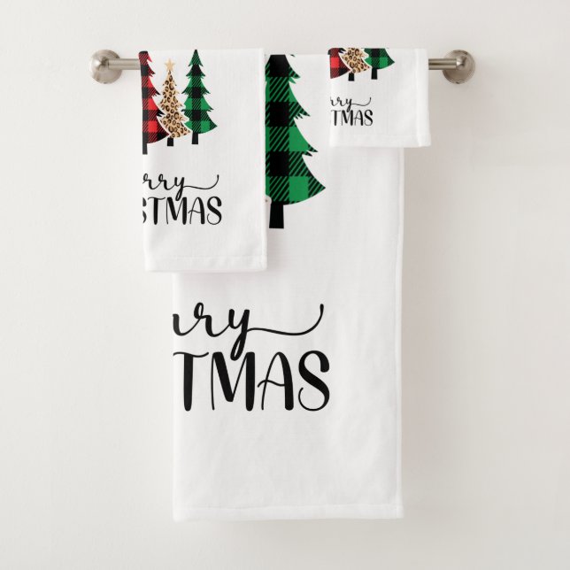 Merry Christmas Red Green Plaid Trees  Bath Towel Set (Insitu)
