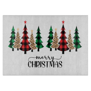 Merry Christmas Red Green Plaid Trees Cutting Board