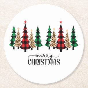 Merry Christmas Red Green Plaid Trees Round Paper Coaster