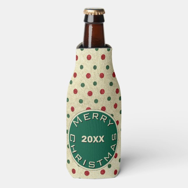 Merry Christmas Red Green Retro Dots Pattern Bottle Cooler (Bottle Front)