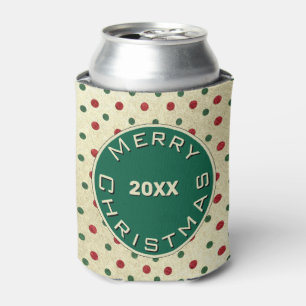 Merry Christmas Red Green Retro Dots Pattern Can Cooler