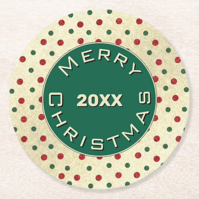 Merry Christmas Red Green Retro Dots Pattern Round Paper Coaster (Front)