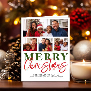 Merry Christmas Red Green Script 4 Family Photo Holiday Card