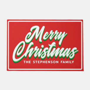 Merry Christmas Red Green Script Family Name Doormat