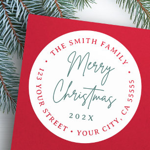 Merry Christmas red green script return address Classic Round Sticker