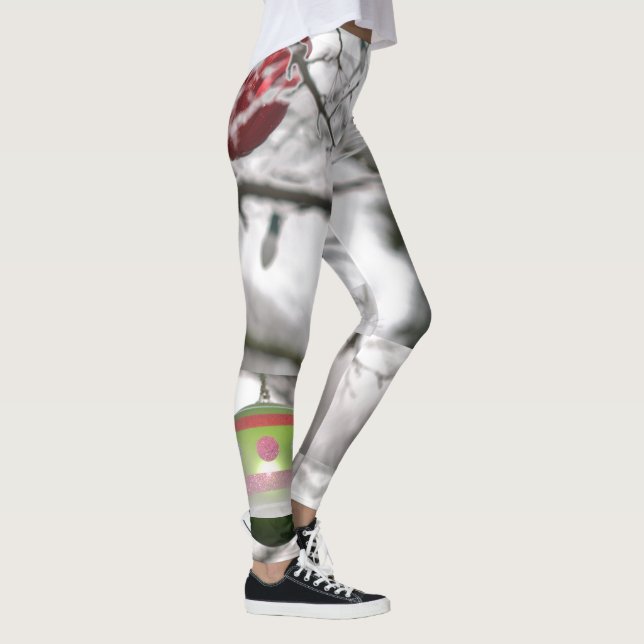 Merry Christmas Red Green Silver Ornaments Leggings (Right)
