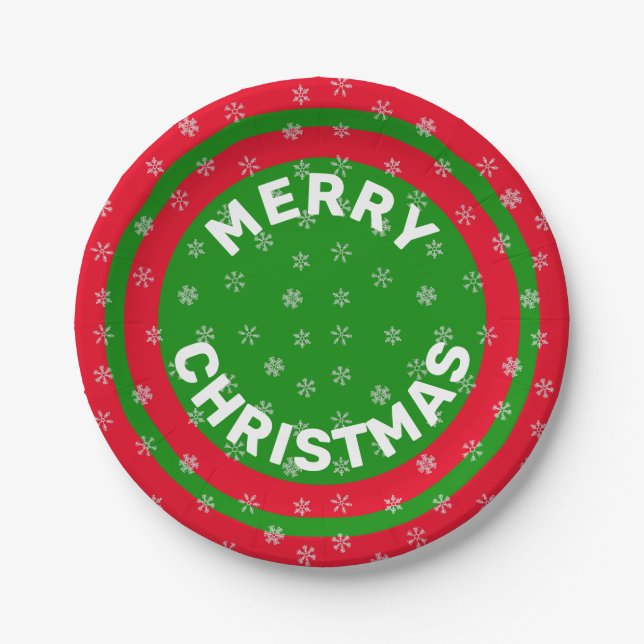 Merry Christmas Red Green & Snowflakes 7" Paper Plate (Front)