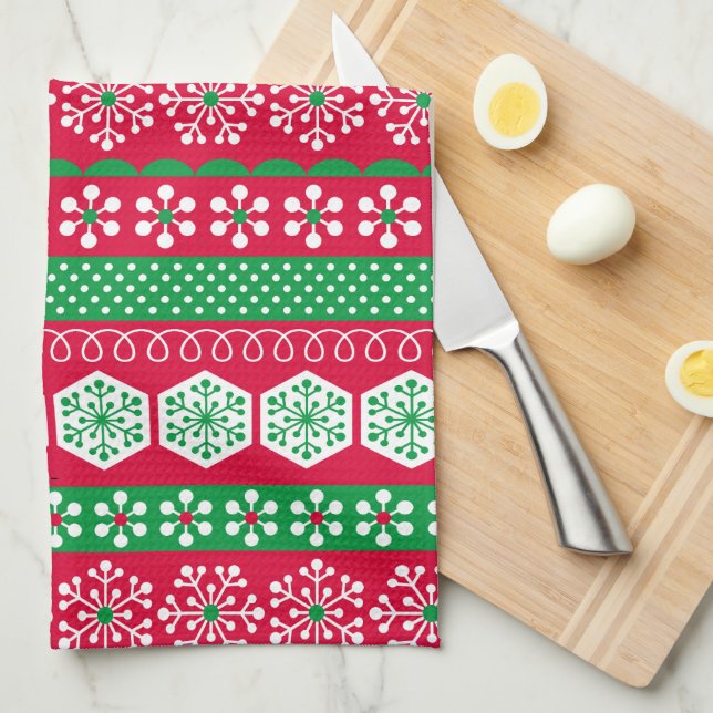 Merry Christmas Red & Green Snowflakes Tea Towel (Quarter Fold)