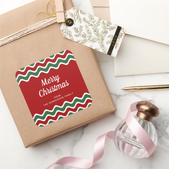 Merry Christmas Red Green Striped Pattern Square Sticker (Gifting)