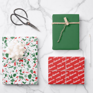 Merry Christmas Red Green Terrazzo Pattern Holiday Wrapping Paper Sheet