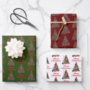 Merry Christmas Red Green Tree on 3 Colourways Wrapping Paper Sheet