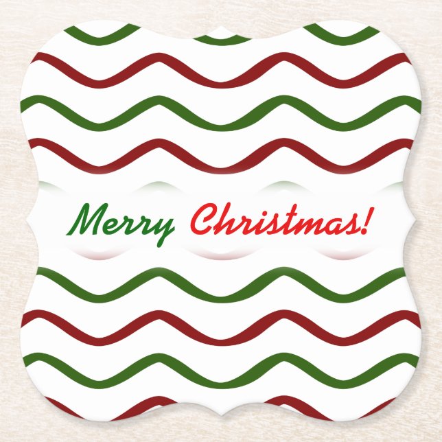 "Merry Christmas!"; Red & Green Wavy Lines Pattern Paper Coaster (Front)